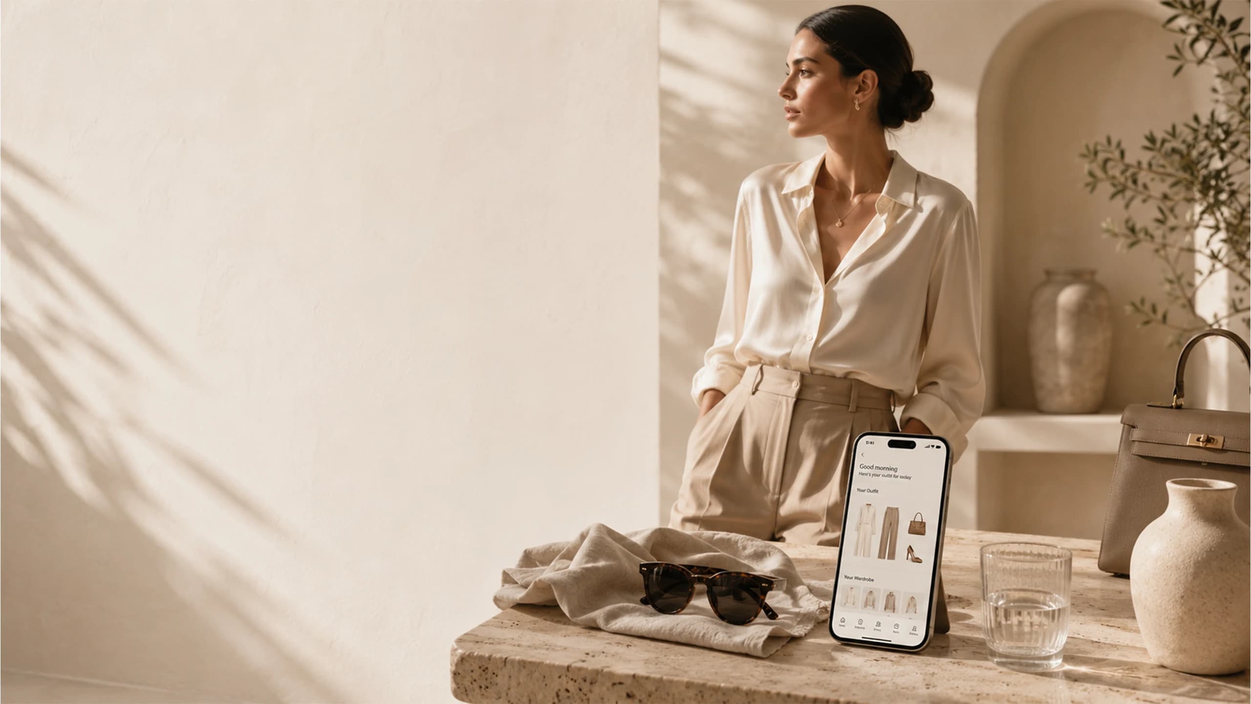 A woman in a cream silk shirt beside the My Zedit app on a stone table