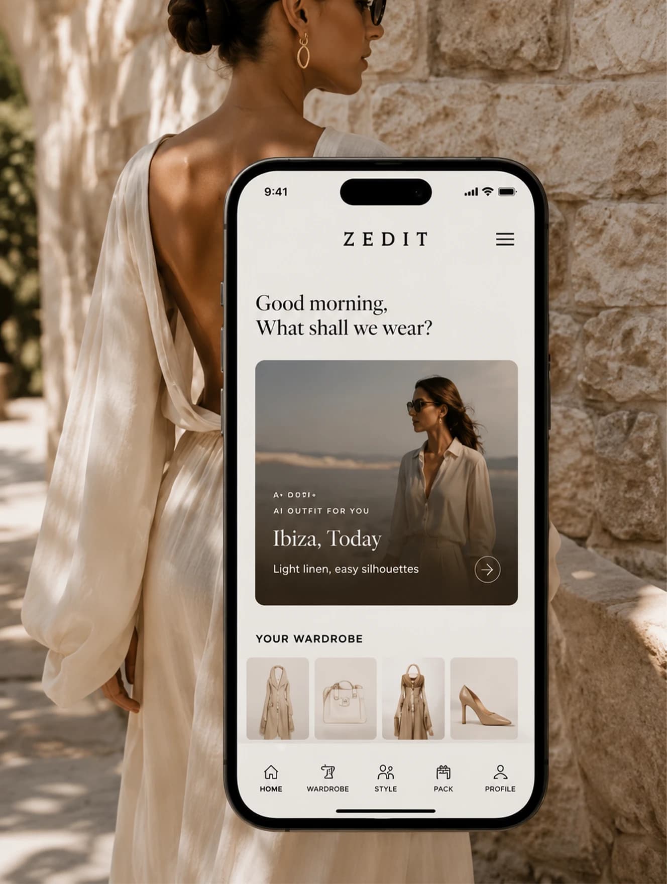 A woman by a stone wall holding a phone showing the My Zedit app
